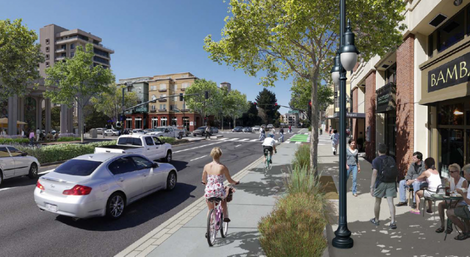 A future four-lane El Camino Real through downtown San Mateo with wider sidewalks and raised bike lanes, as envisioned by the city’s new Sustainable Streets Plan. Image: City of San Mateo