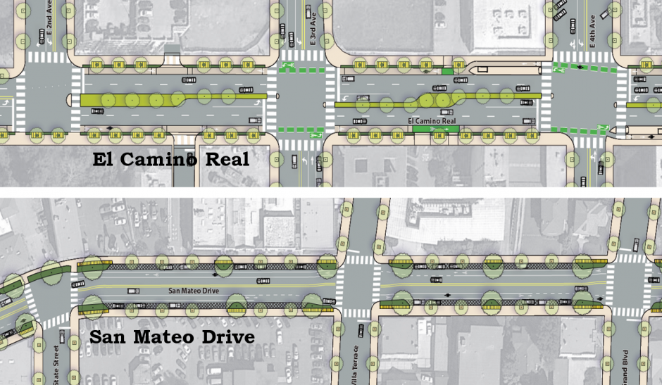San Mateo’s new Sustainable Streets Plan recommends road diets and bike lanes for several city streets, including El Camino Real (top) and San Mateo Drive (bottom). Image: City of San Mateo